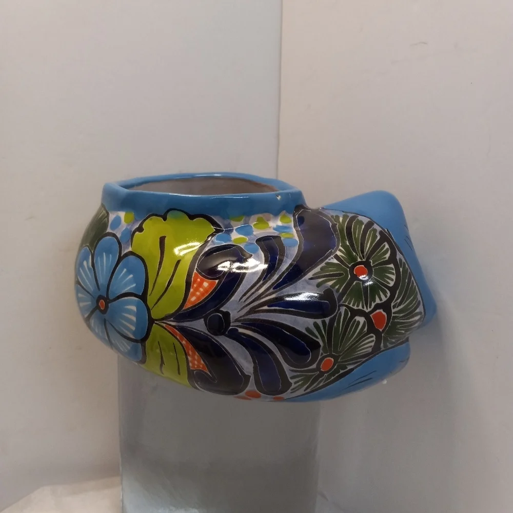 MENDEZ Planter Resting Curled Cat Figurine Ceramic Pottery Blue & Green